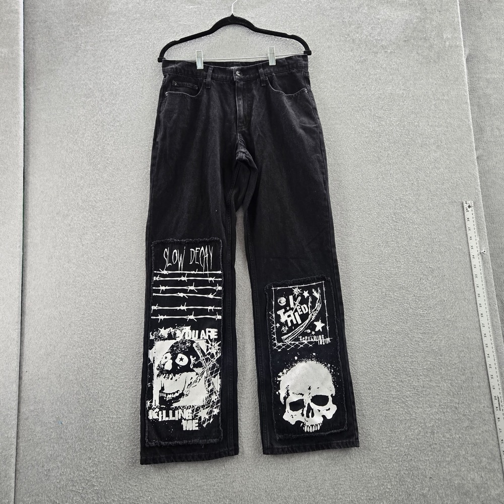 Hot Topic Men Jeans 30X32 Black Denim Skull Barbed Wire Indie Sleaze Punk Goth